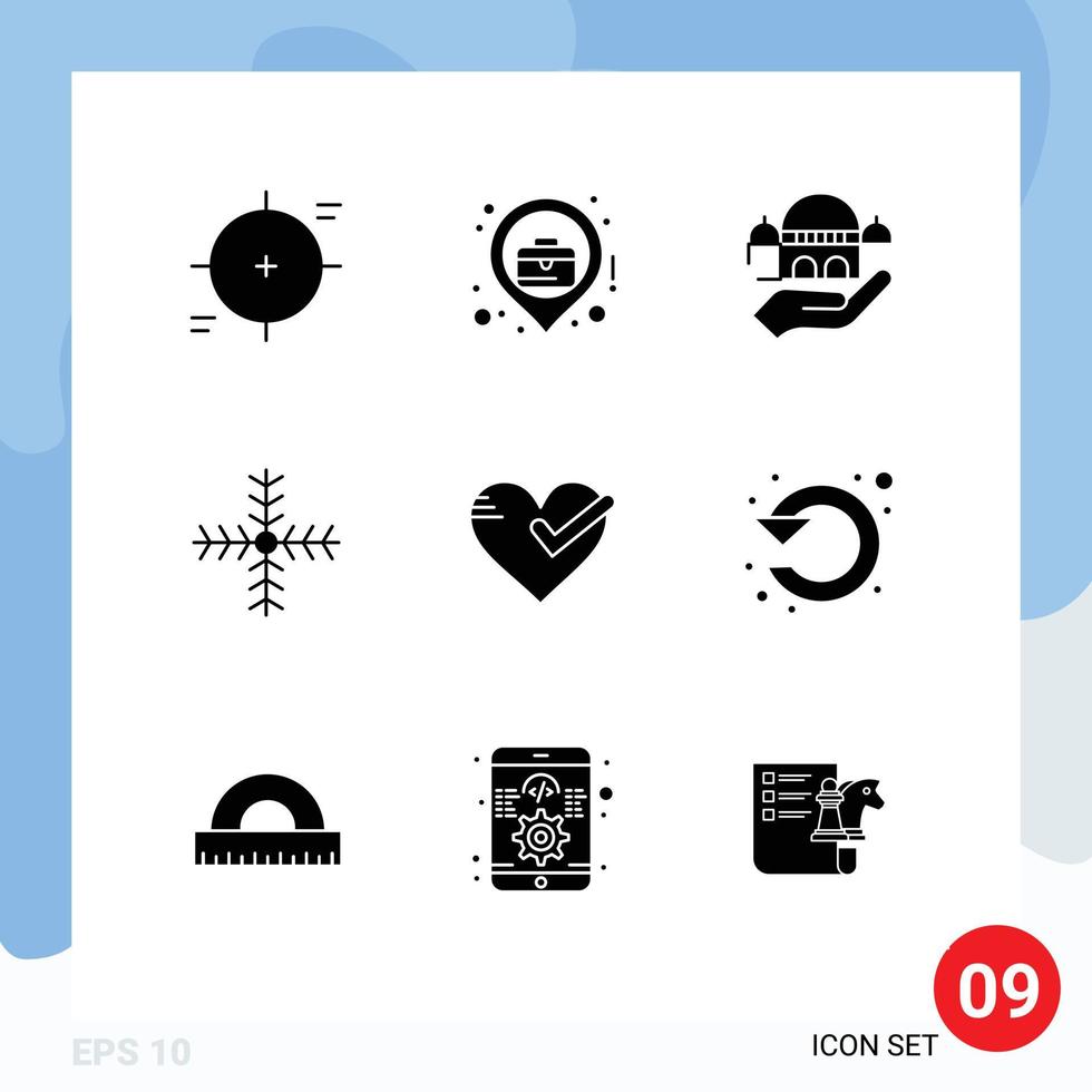 Pack of 9 creative Solid Glyphs of heart snowflake business location holiday donation Editable Vector Design Elements
