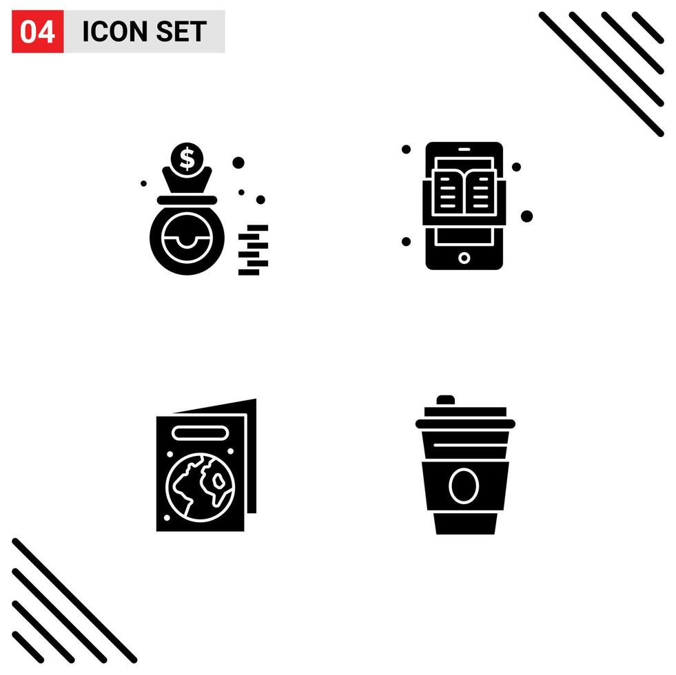 Universal Icon Symbols Group of 4 Modern Solid Glyphs of bag earth day cash learning apps book Editable Vector Design Elements