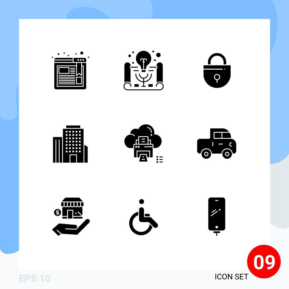 Pack of 9 creative Solid Glyphs of printer data lock cloud office Editable Vector Design Elements