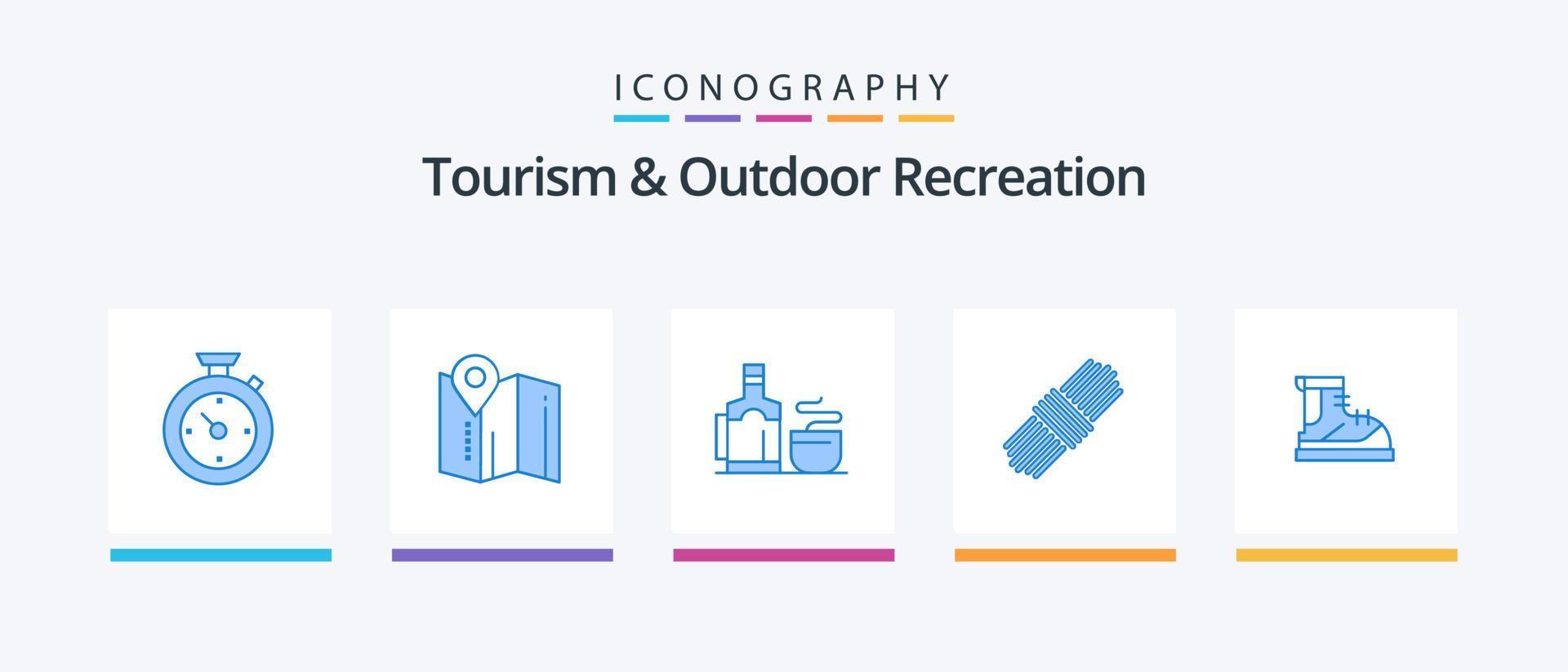 paquete de iconos azul 5 de turismo y recreación al aire libre que incluye senderismo. botas. té. colocar. cuerda. diseño de iconos creativos vector