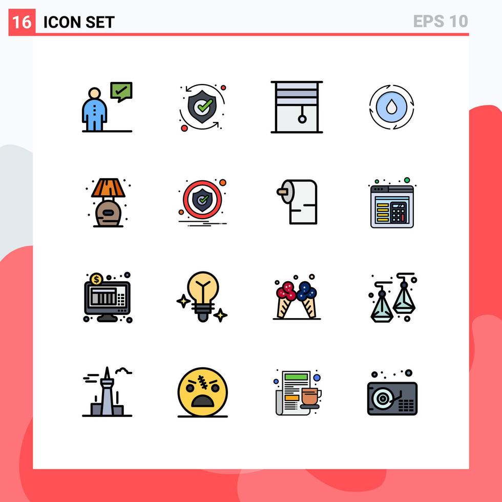 16 Universal Flat Color Filled Lines Set for Web and Mobile Applications power energy shield rolled interior Editable Creative Vector Design Elements