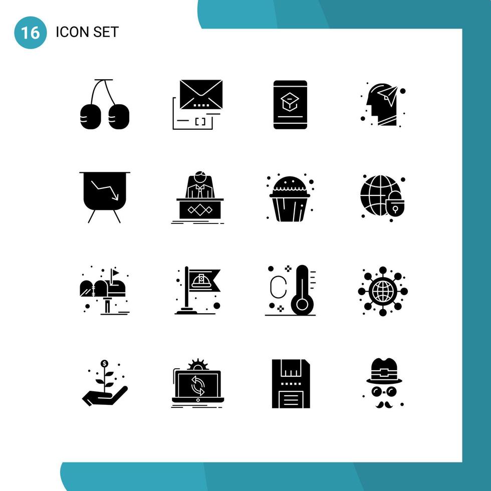 Pictogram Set of 16 Simple Solid Glyphs of board mind e imagination head Editable Vector Design Elements