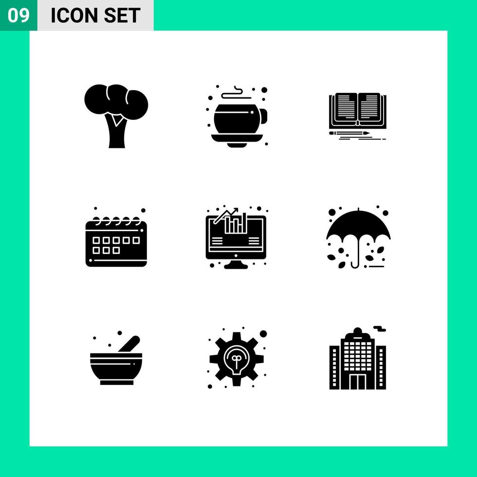User Interface Pack of 9 Basic Solid Glyphs of growth analysis novel calendar seo Editable Vector Design Elements