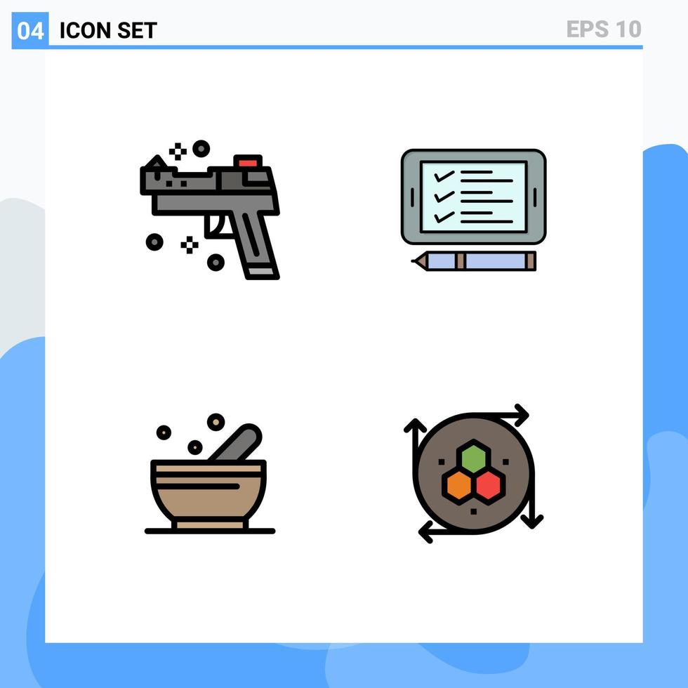 Group of 4 Modern Filledline Flat Colors Set for firearm soup weapons pin computer graphics Editable Vector Design Elements