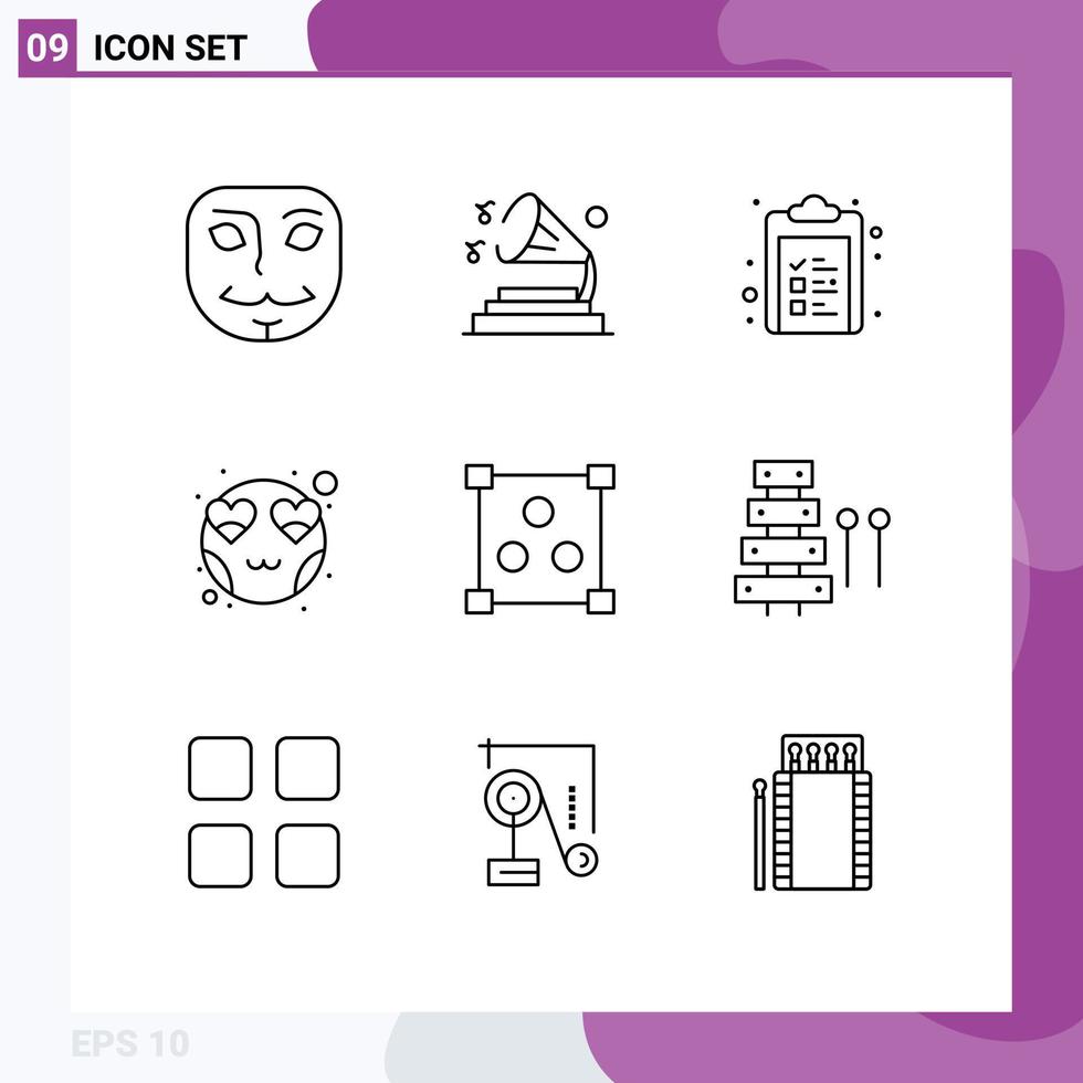 User Interface Pack of 9 Basic Outlines of online abstract check list smiley heart Editable Vector Design Elements