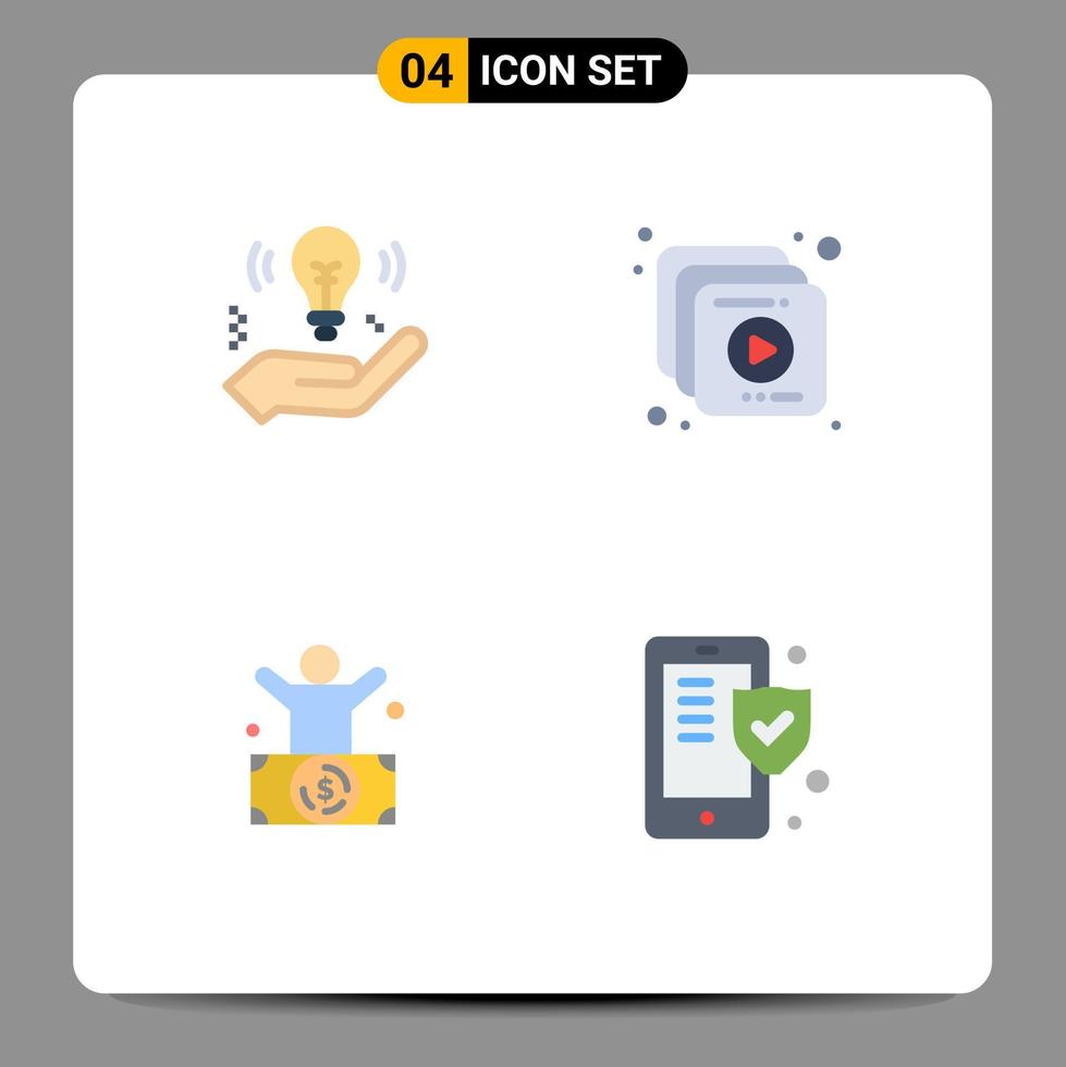 conjunto moderno de 4 iconos y símbolos planos, como elementos de diseño vectorial editables enriquecidos con video de bulbo millonario de negocios vector