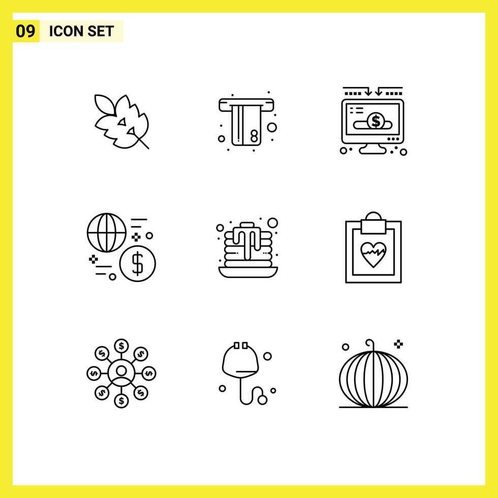 Pack of 9 Modern Outlines Signs and Symbols for Web Print Media such as transaction global credit exchange donate Editable Vector Design Elements