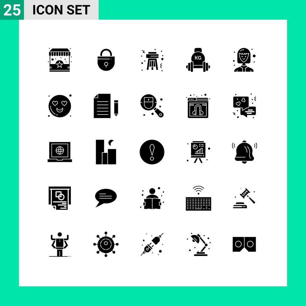 Universal Icon Symbols Group of 25 Modern Solid Glyphs of female student weight stool kettlebell dumbbell Editable Vector Design Elements