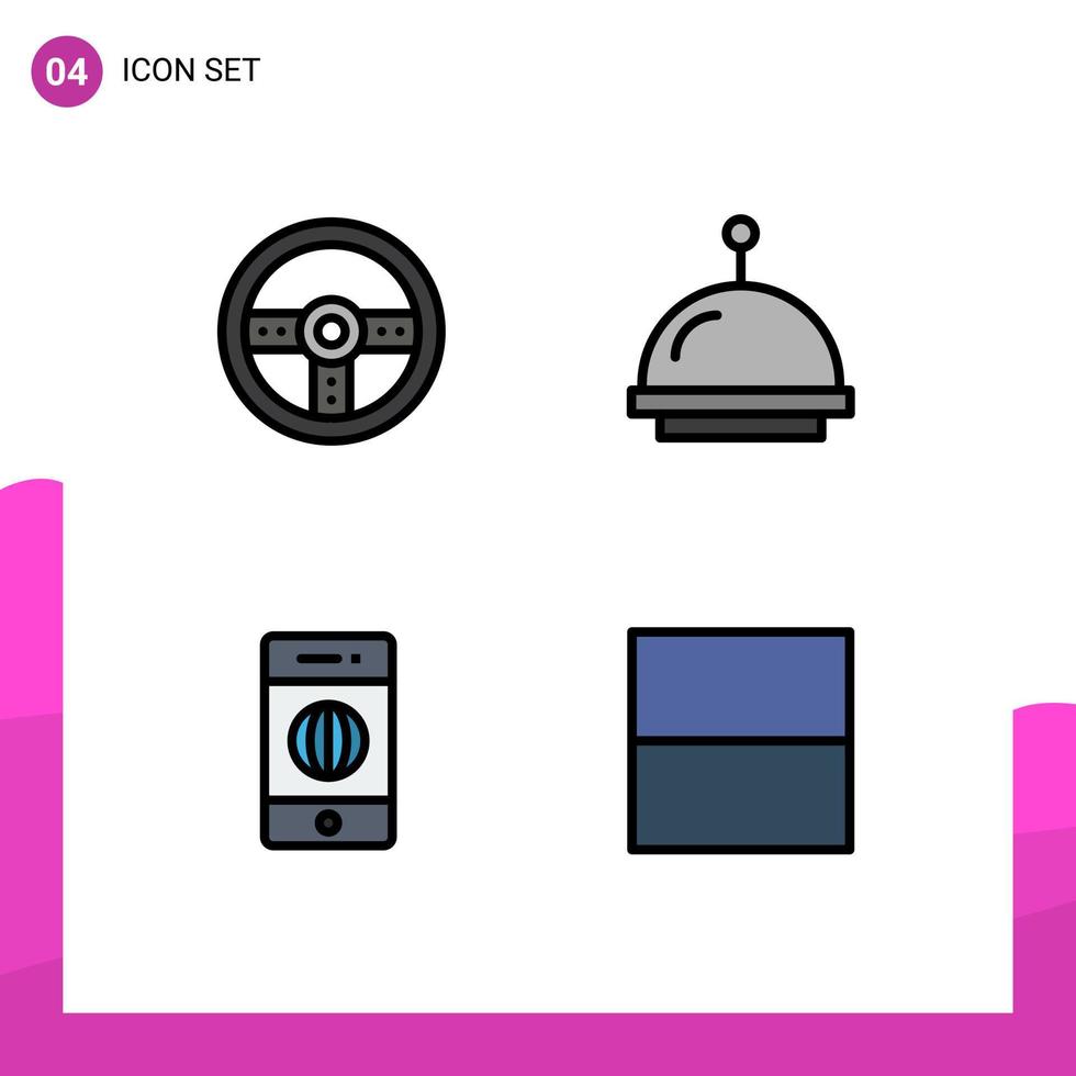 conjunto moderno de 4 pictogramas de colores planos de línea de relleno del controlador elementos de diseño de vector editables de cuadrícula de hotel de rueda de Internet