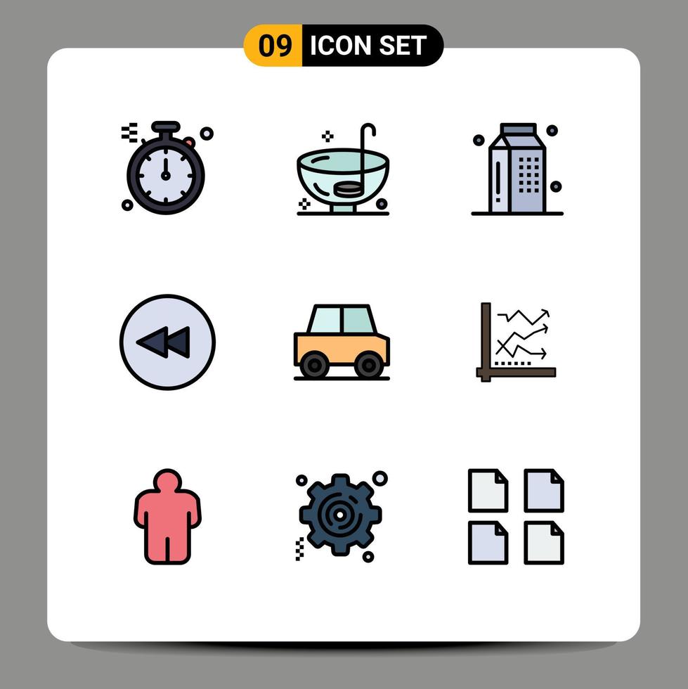 Set of 9 Modern UI Icons Symbols Signs for car rewind cooking circle milk Editable Vector Design Elements