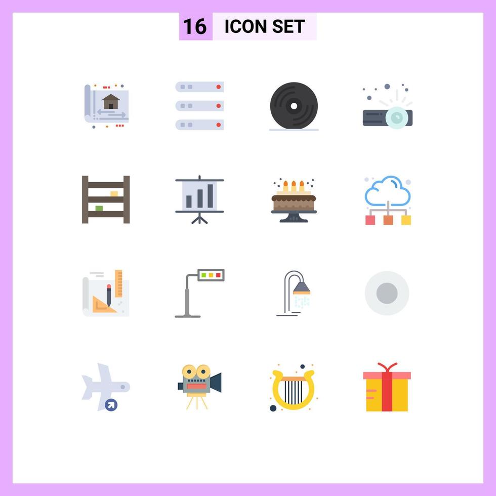 Flat Color Pack of 16 Universal Symbols of cupboard projector network presentation music Editable Pack of Creative Vector Design Elements