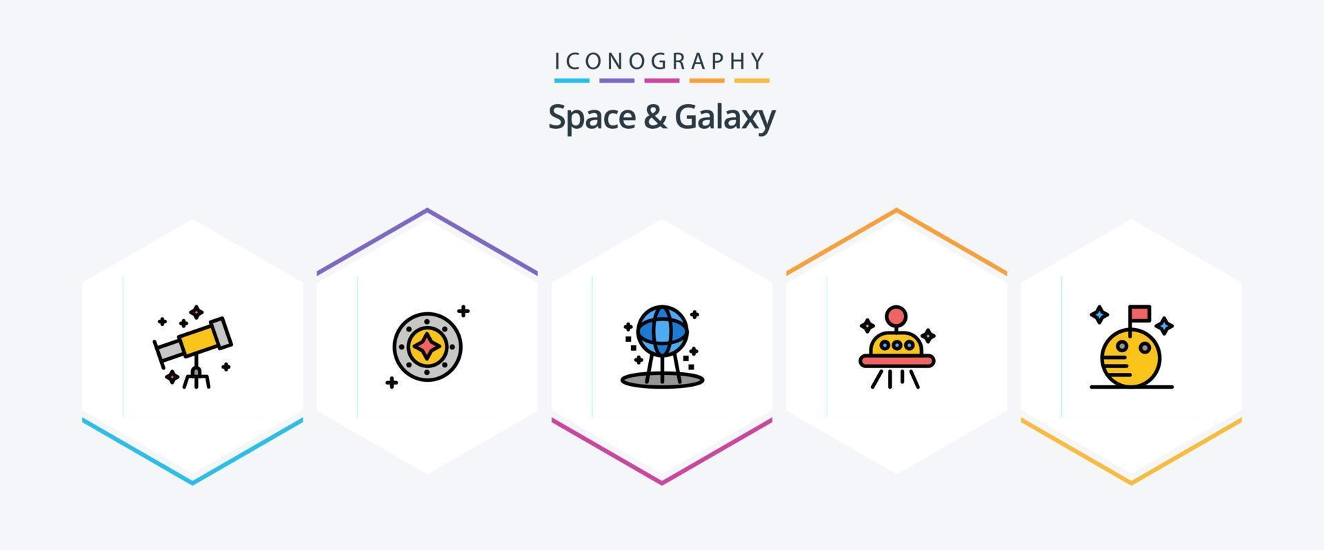 Space And Galaxy 25 FilledLine icon pack including moon. ufo. universe. space. world vector