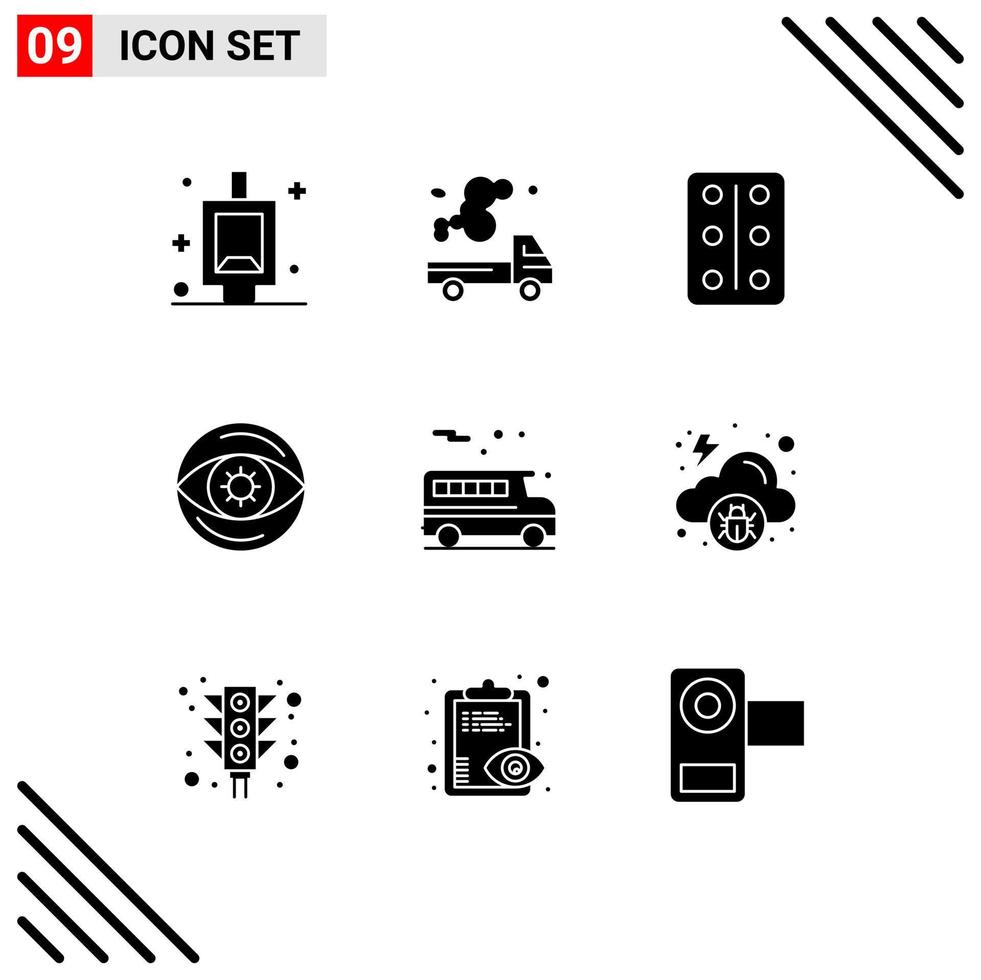 User Interface Pack of 9 Basic Solid Glyphs of transportation bus pastilles vision eye Editable Vector Design Elements