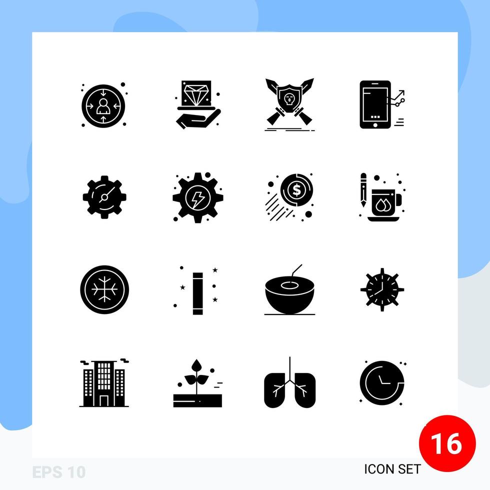 Pictogram Set of 16 Simple Solid Glyphs of progress graph jam chart shield Editable Vector Design Elements