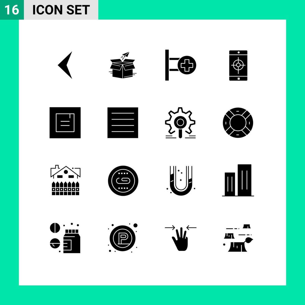 Pack of 16 creative Solid Glyphs of target mobile shipping application sign Editable Vector Design Elements