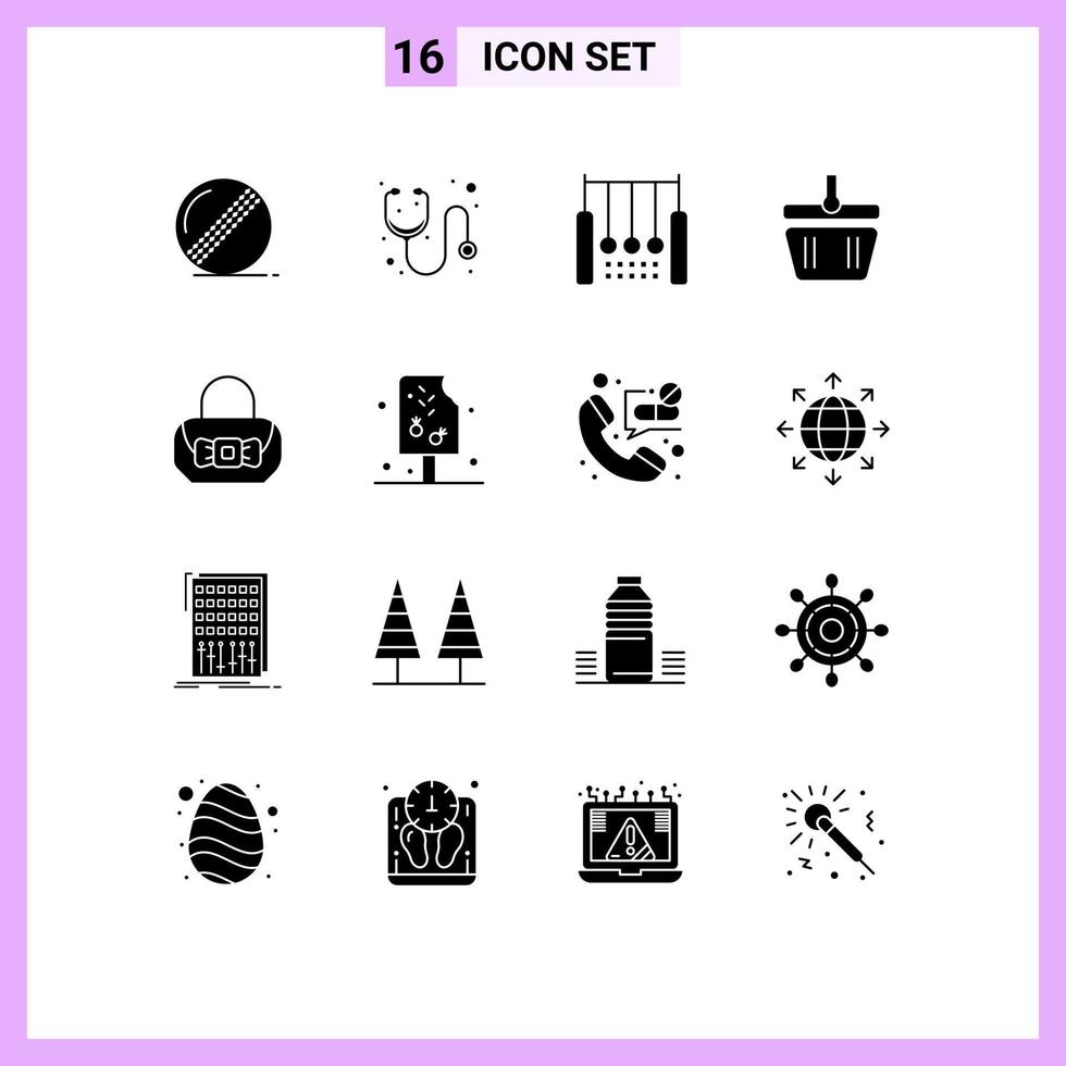 Solid Glyph Pack of 16 Universal Symbols of bag shapping acrobatic cart rings Editable Vector Design Elements