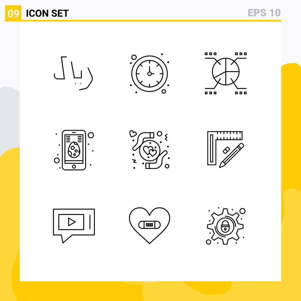 Group of 9 Modern Outlines Set for heart hands pie care egg Editable Vector Design Elements