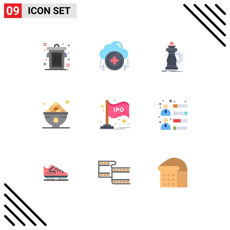 Pack of 9 Modern Flat Colors Signs and Symbols for Web Print Media such as ipo lunch chess iftar dates Editable Vector Design Elements