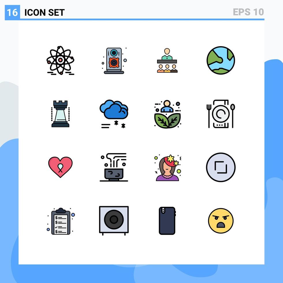 Group of 16 Modern Flat Color Filled Lines Set for king entertainment teamwork social network Editable Creative Vector Design Elements