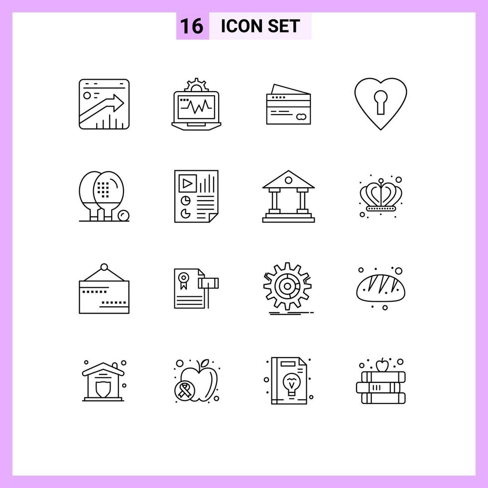 Universal Icon Symbols Group of 16 Modern Outlines of heart money computing finance cards Editable Vector Design Elements