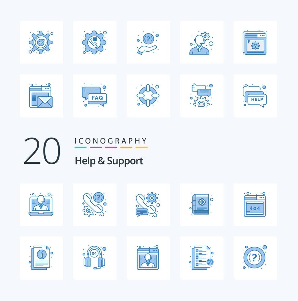 20 Help And Support Blue Color icon Pack like notes content support book setting vector