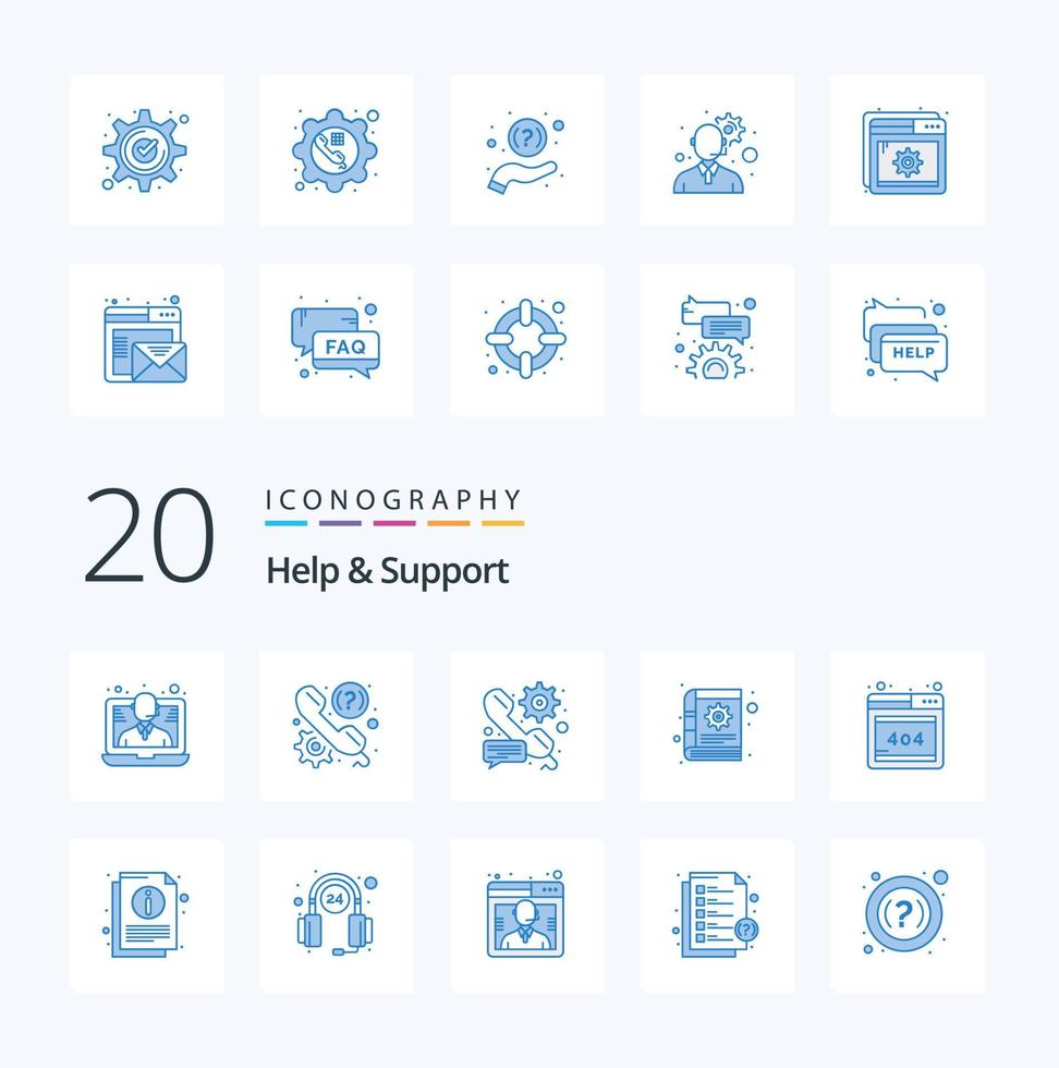 20 paquetes de iconos de color azul de ayuda y soporte, como la configuración del libro de soporte de contenido de notas vector