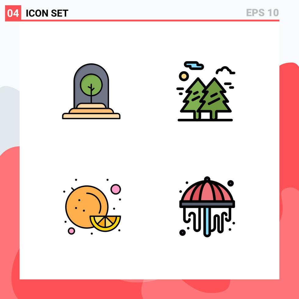 paquete de 4 signos y símbolos de colores planos de línea de relleno modernos para medios de impresión web, como elementos de diseño de vectores editables de árboles de árboles de parques de crecimiento