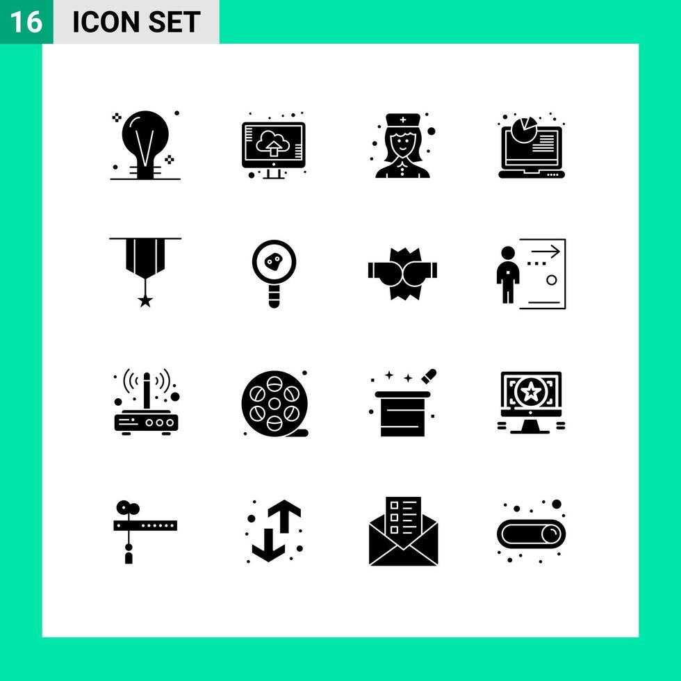 Pack of 16 creative Solid Glyphs of badge seo upload report nurse Editable Vector Design Elements