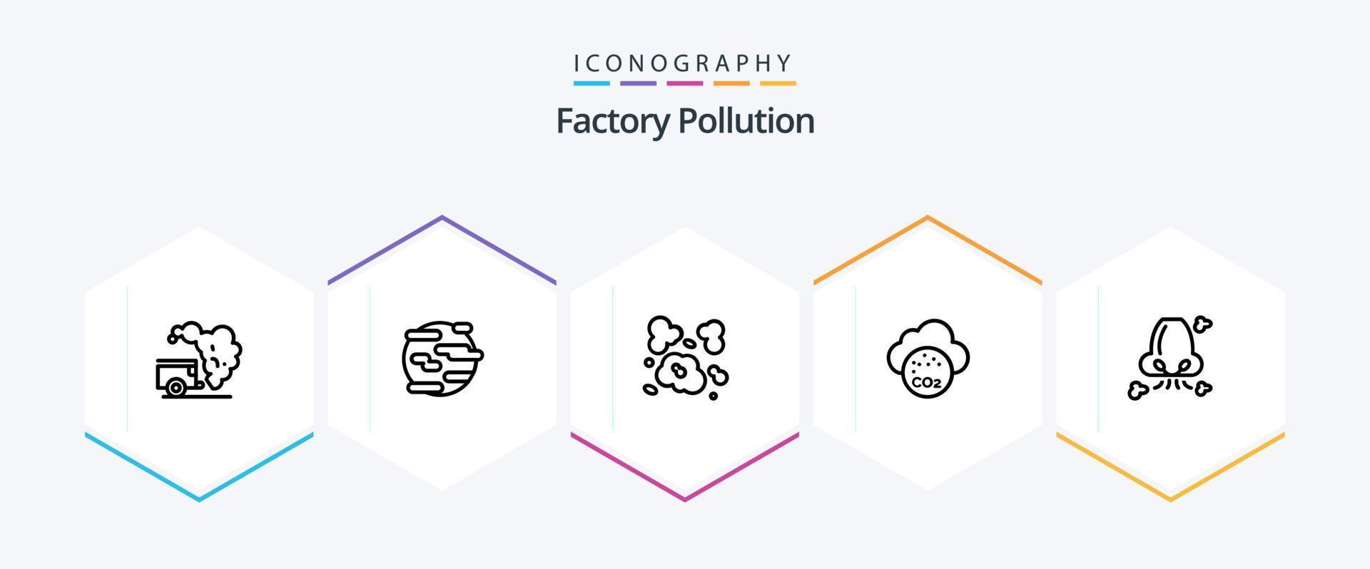 Factory Pollution 25 Line icon pack including breathe. co pollution. world. carbone dioxide. pollution vector