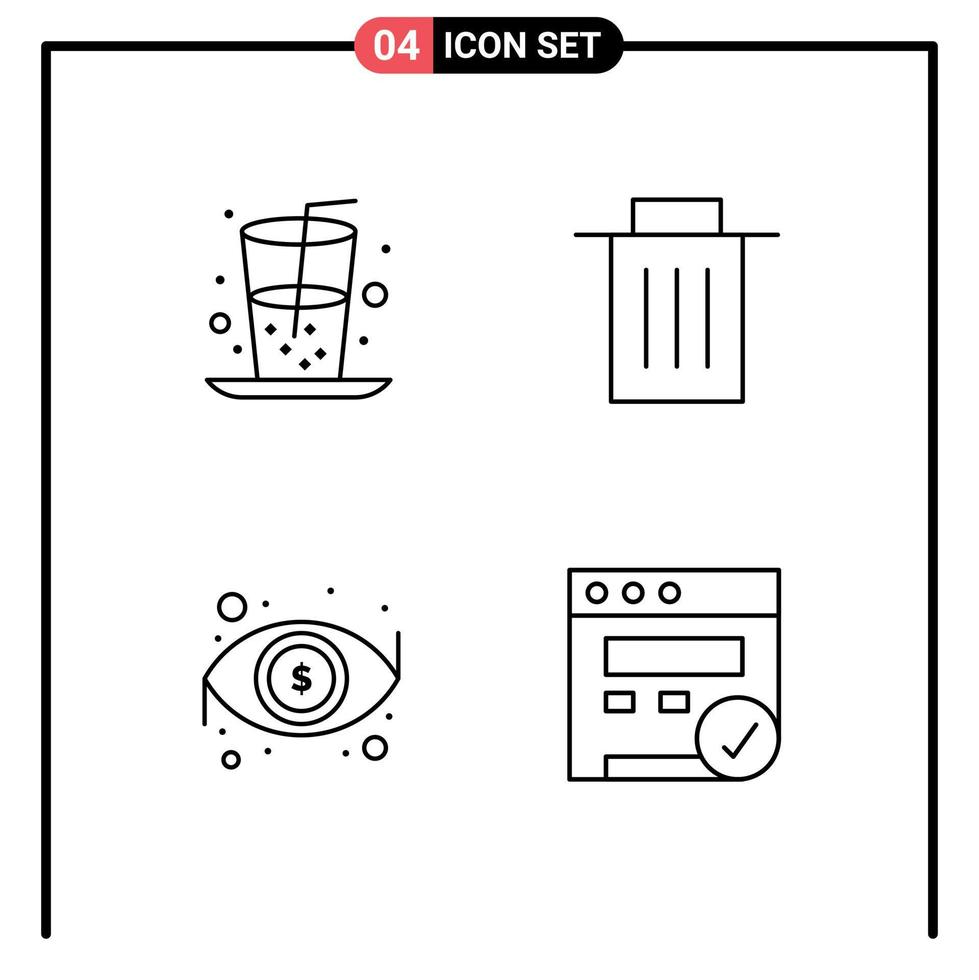 Pictogram Set of 4 Simple Filledline Flat Colors of beverage eye juice trash view Editable Vector Design Elements