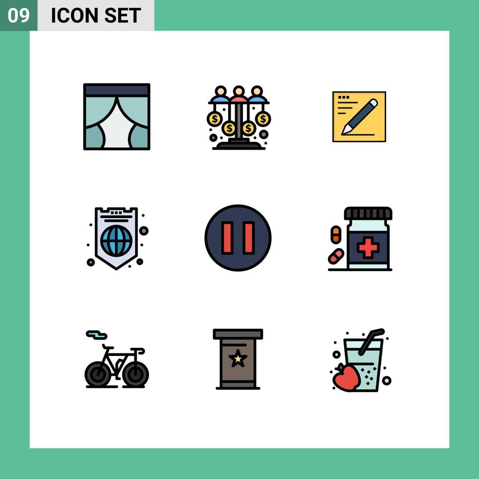 9 User Interface Filledline Flat Color Pack of modern Signs and Symbols of shield internet sponsor global text Editable Vector Design Elements
