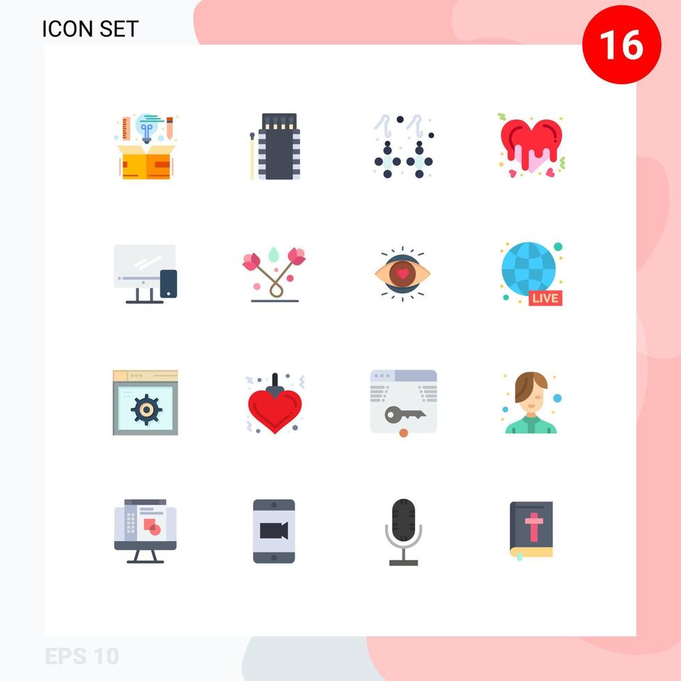 Group of 16 Flat Colors Signs and Symbols for romance heart bonfire bleeding gemstone Editable Pack of Creative Vector Design Elements