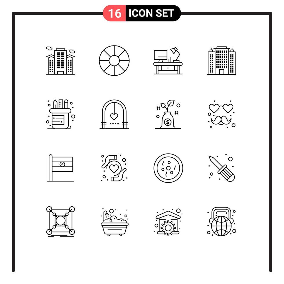 Set of 16 Vector Outlines on Grid for pen hotel table lamp building resort Editable Vector Design Elements