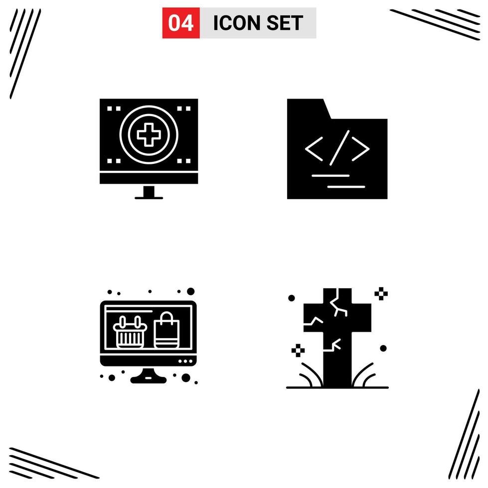 Editable Vector Line Pack of 4 Simple Solid Glyphs of charity display medical file online shopping Editable Vector Design Elements