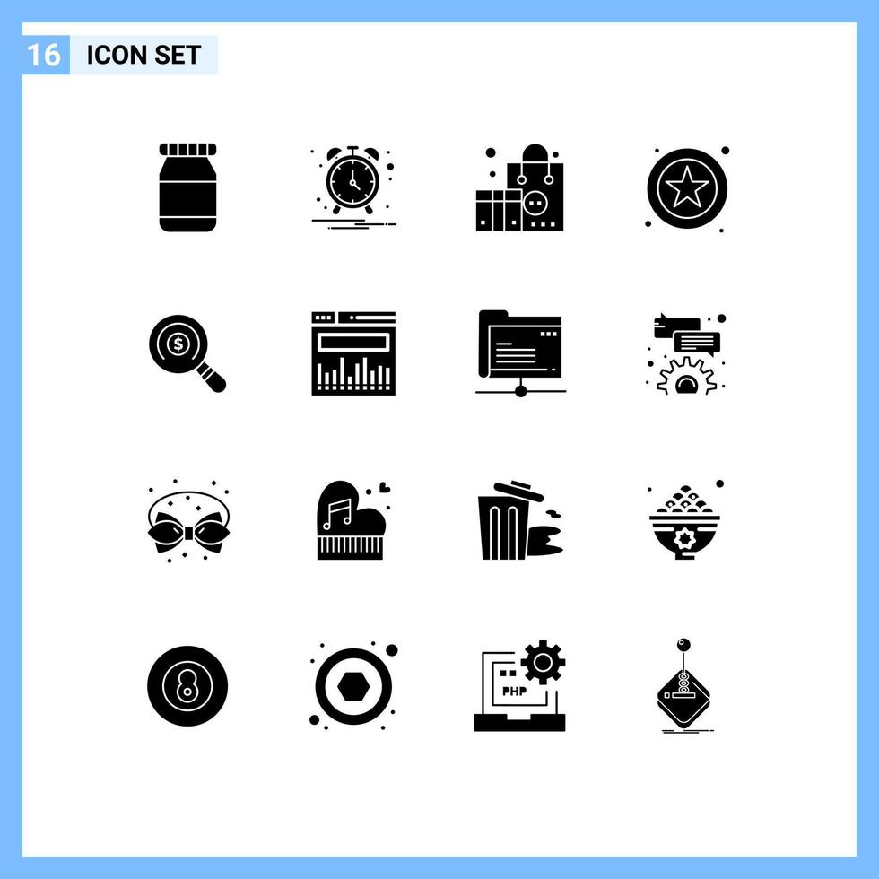 Solid Glyph Pack of 16 Universal Symbols of data shopping marketing search ecommerce Editable Vector Design Elements