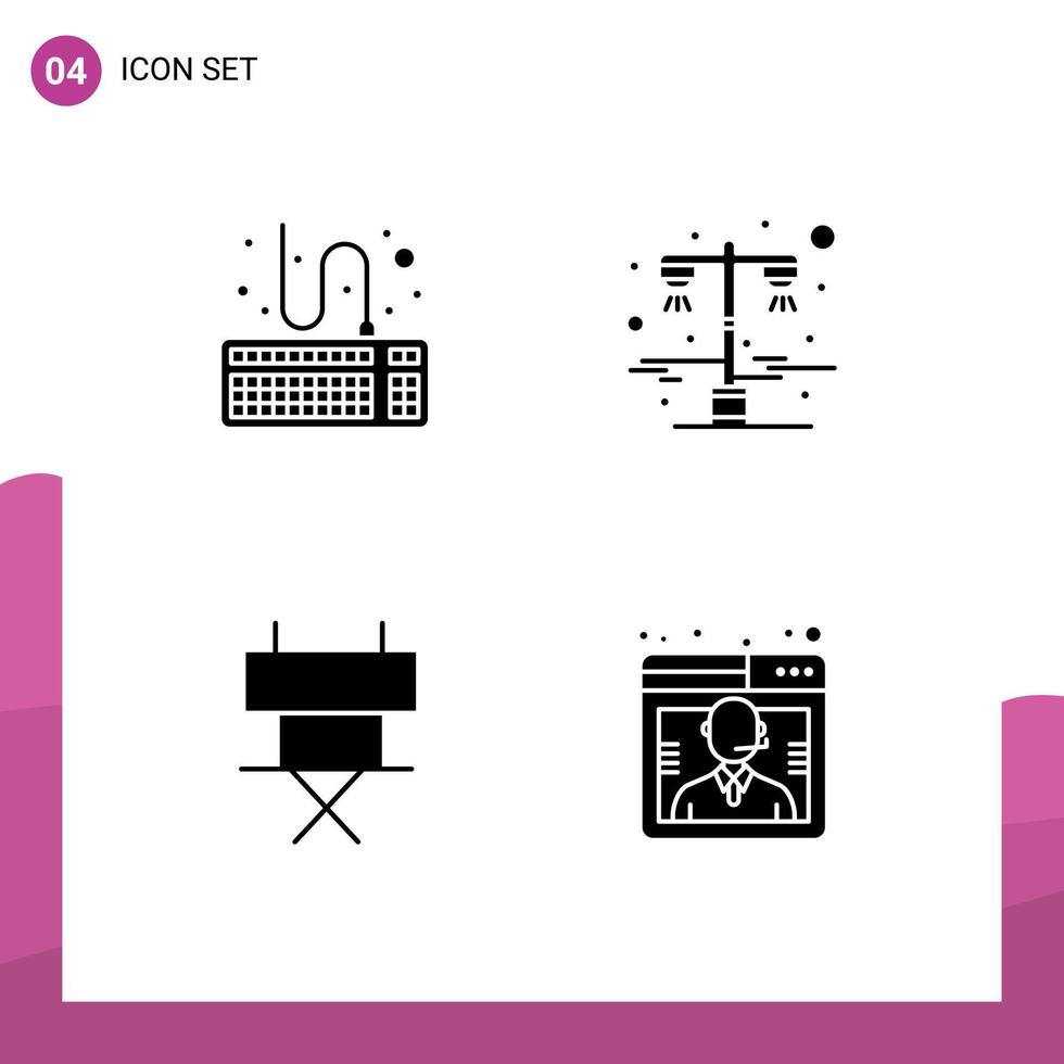 paquete de 4 signos y símbolos de glifos sólidos modernos para medios de impresión web, como adjuntar herramientas de cine, silla plegable de calle, elementos de diseño de vectores editables