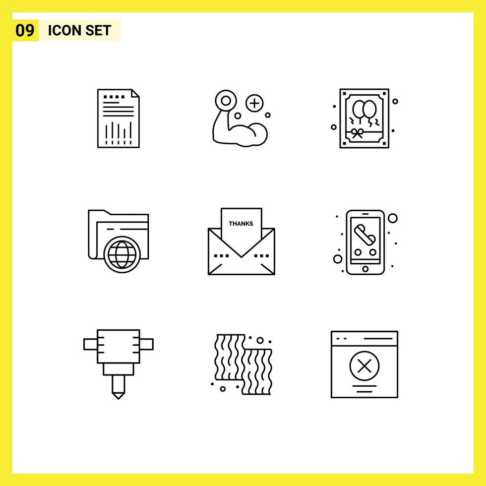 Universal Icon Symbols Group of 9 Modern Outlines of fie folder hand party balloon Editable Vector Design Elements