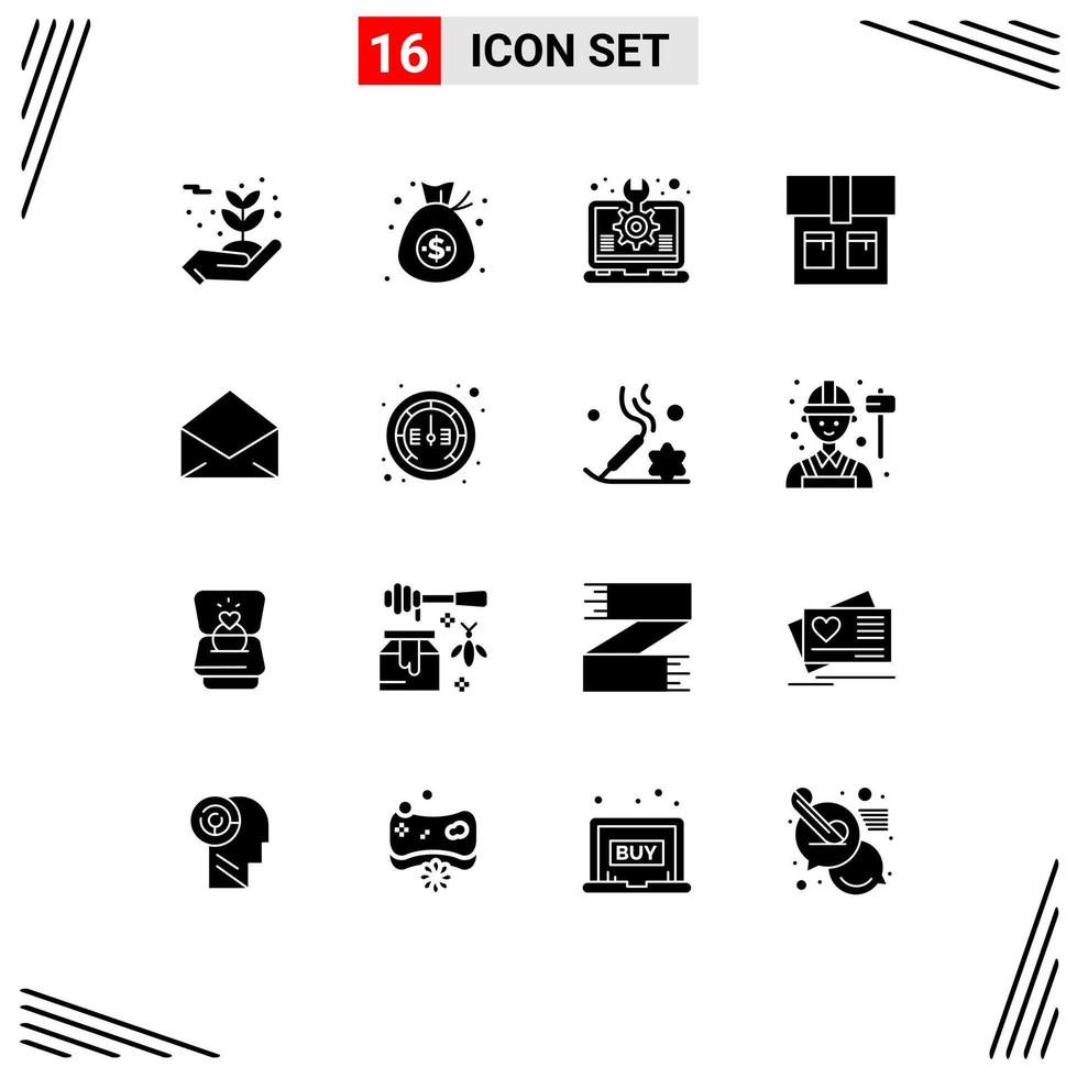 User Interface Pack of 16 Basic Solid Glyphs of message email creative fashion laptop Editable Vector Design Elements