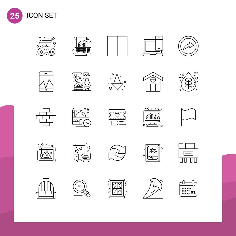 Mobile Interface Line Set of 25 Pictograms of export macbook grid laptop computer Editable Vector Design Elements