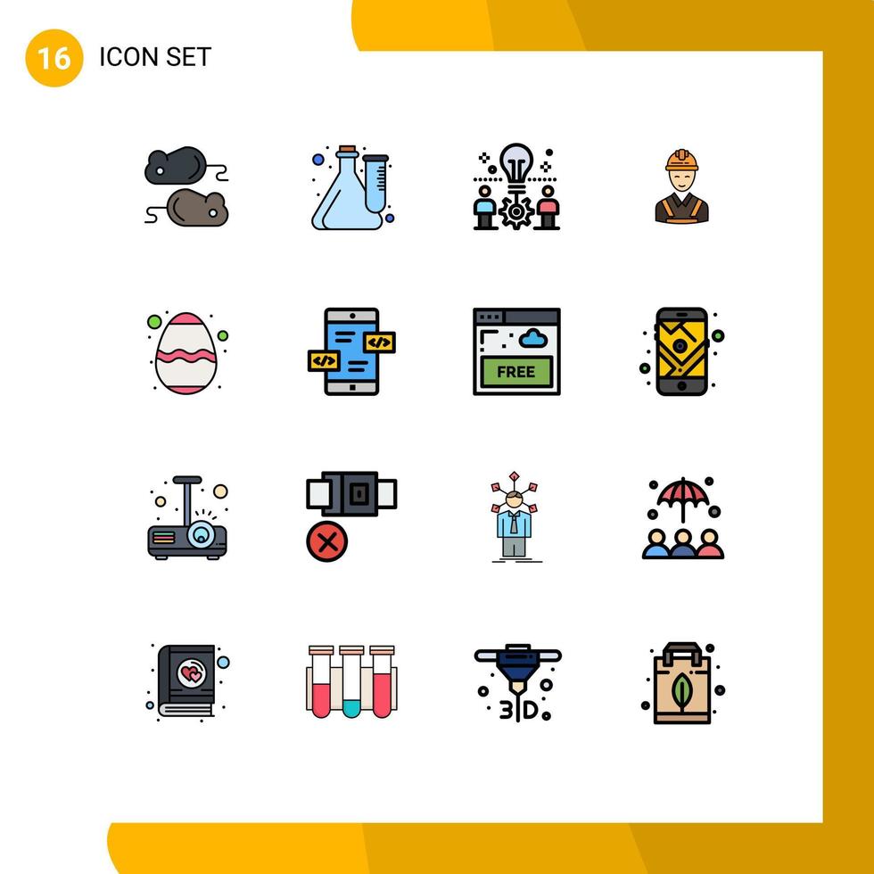 16 Universal Flat Color Filled Lines Set for Web and Mobile Applications construction building laboratory worker solution Editable Creative Vector Design Elements