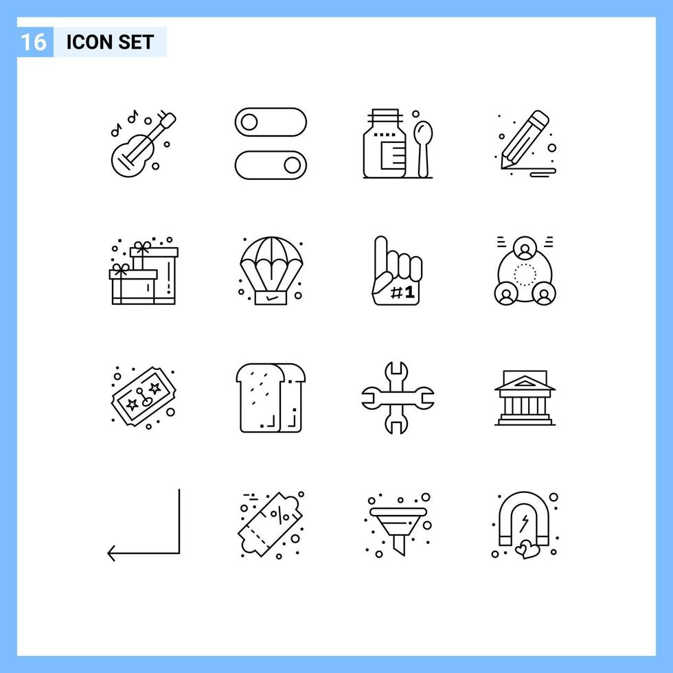 Set of 16 Modern UI Icons Symbols Signs for process gift hospital box pencil Editable Vector Design Elements