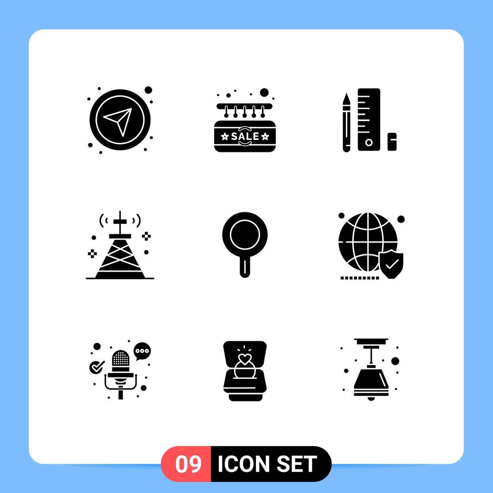 Set of 9 Commercial Solid Glyphs pack for kitchen technology education signal communications Editable Vector Design Elements