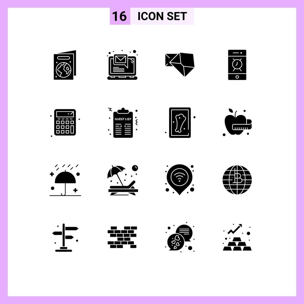 Pack of 16 Modern Solid Glyphs Signs and Symbols for Web Print Media such as calculator back to school mail phone alert Editable Vector Design Elements