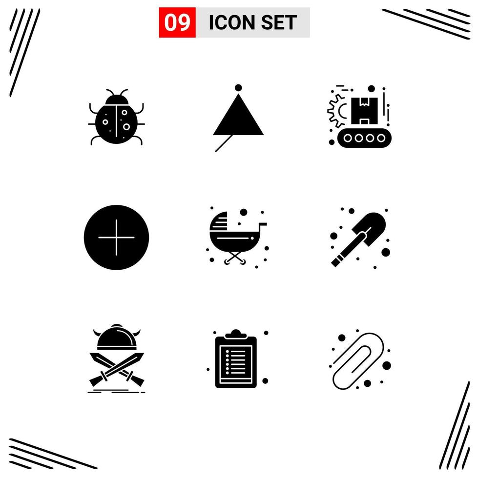 Set of 9 Commercial Solid Glyphs pack for multimedia media sound add manufacturing Editable Vector Design Elements