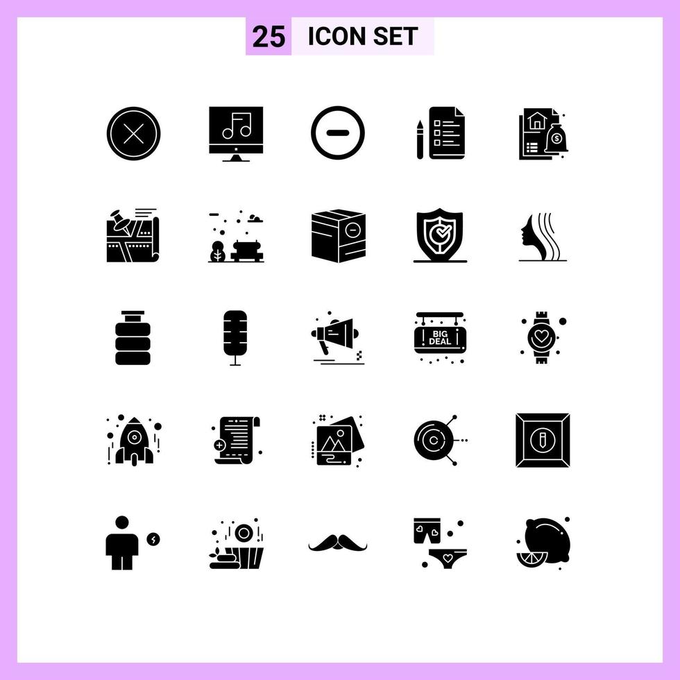 Solid Glyph Pack of 25 Universal Symbols of financial pencil video pen file Editable Vector Design Elements
