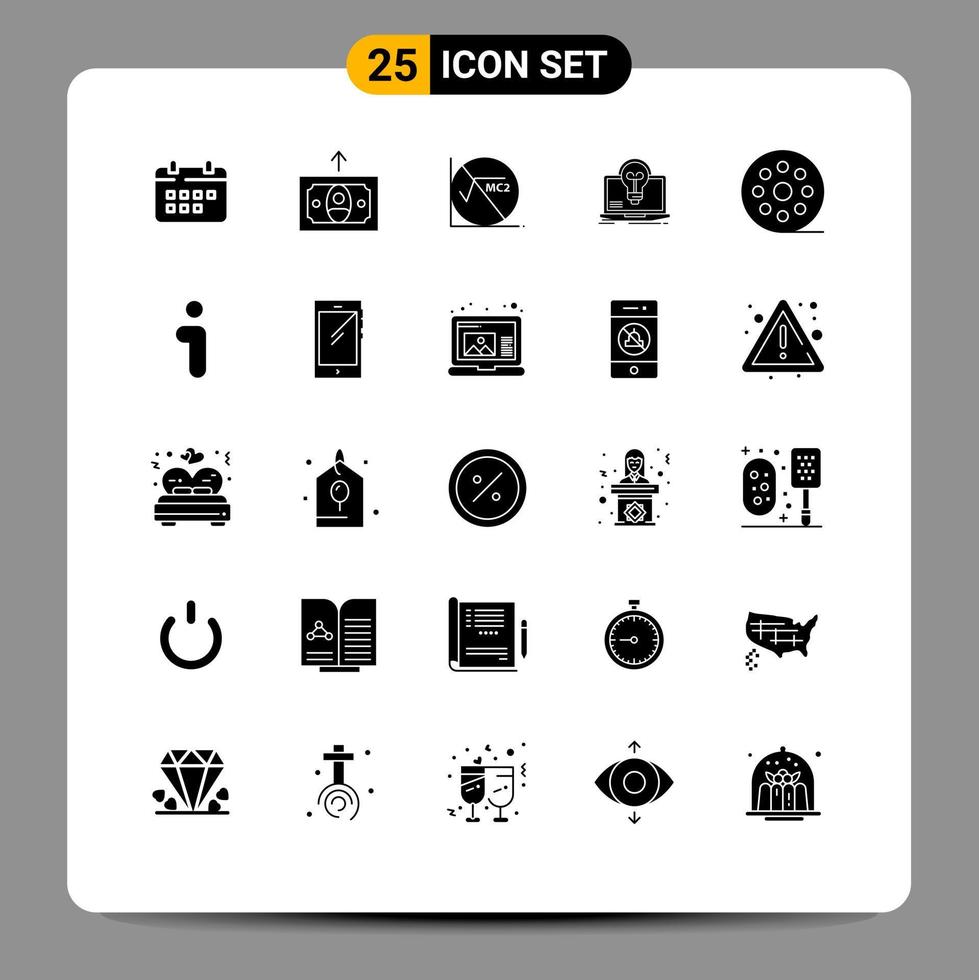 Group of 25 Solid Glyphs Signs and Symbols for cinema screen math laptop bulb Editable Vector Design Elements