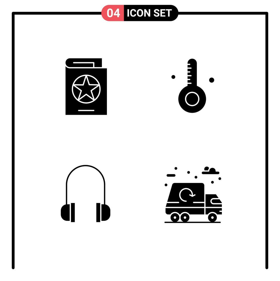 4 Universal Solid Glyph Signs Symbols of book headphones spells summer support Editable Vector Design Elements