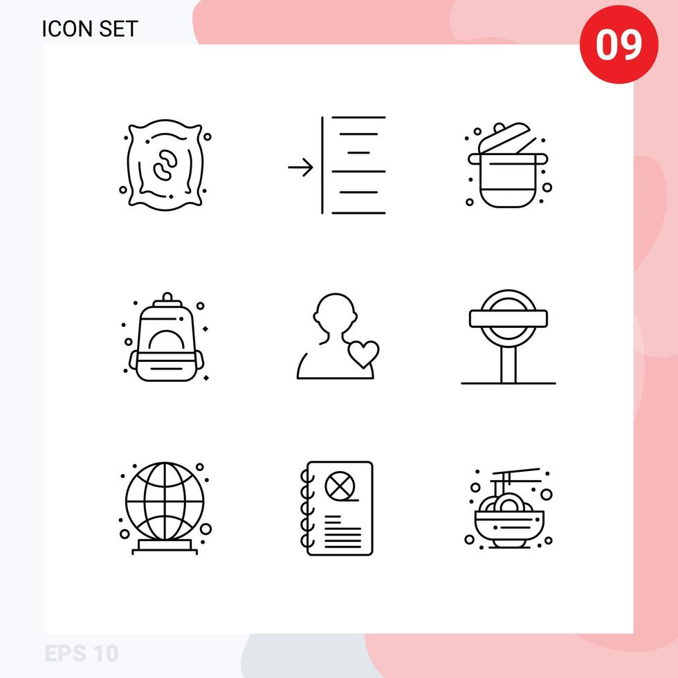 9 Outline concept for Websites Mobile and Apps love school karahi mountain backpack Editable Vector Design Elements