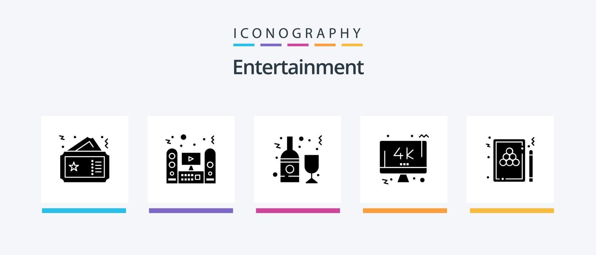 paquete de iconos de glifo 5 de entretenimiento que incluye pantalla. k. sonido. vino. botella. diseño de iconos creativos vector