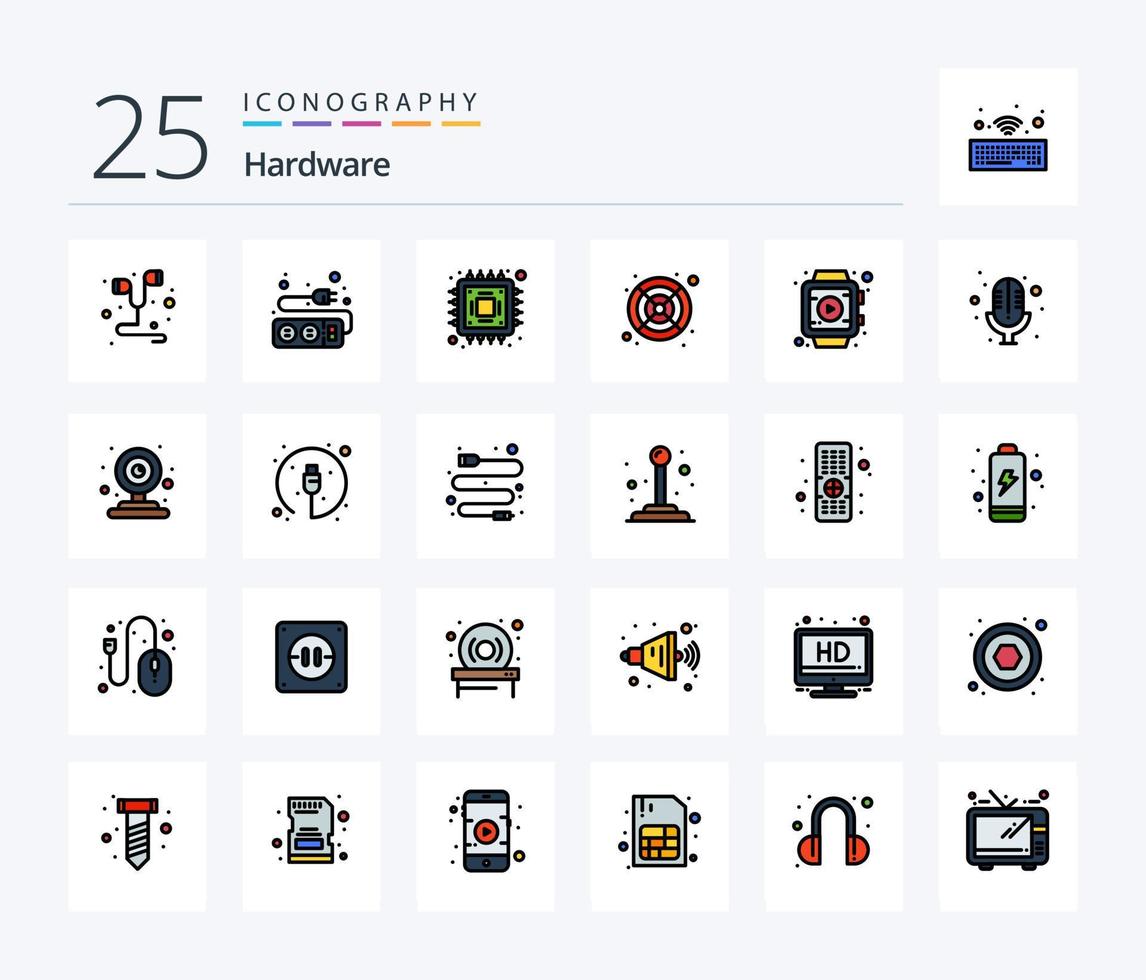 paquete de iconos llenos de 25 líneas de hardware que incluye micrófono. reloj inteligente. chip. tocar. enfriador vector